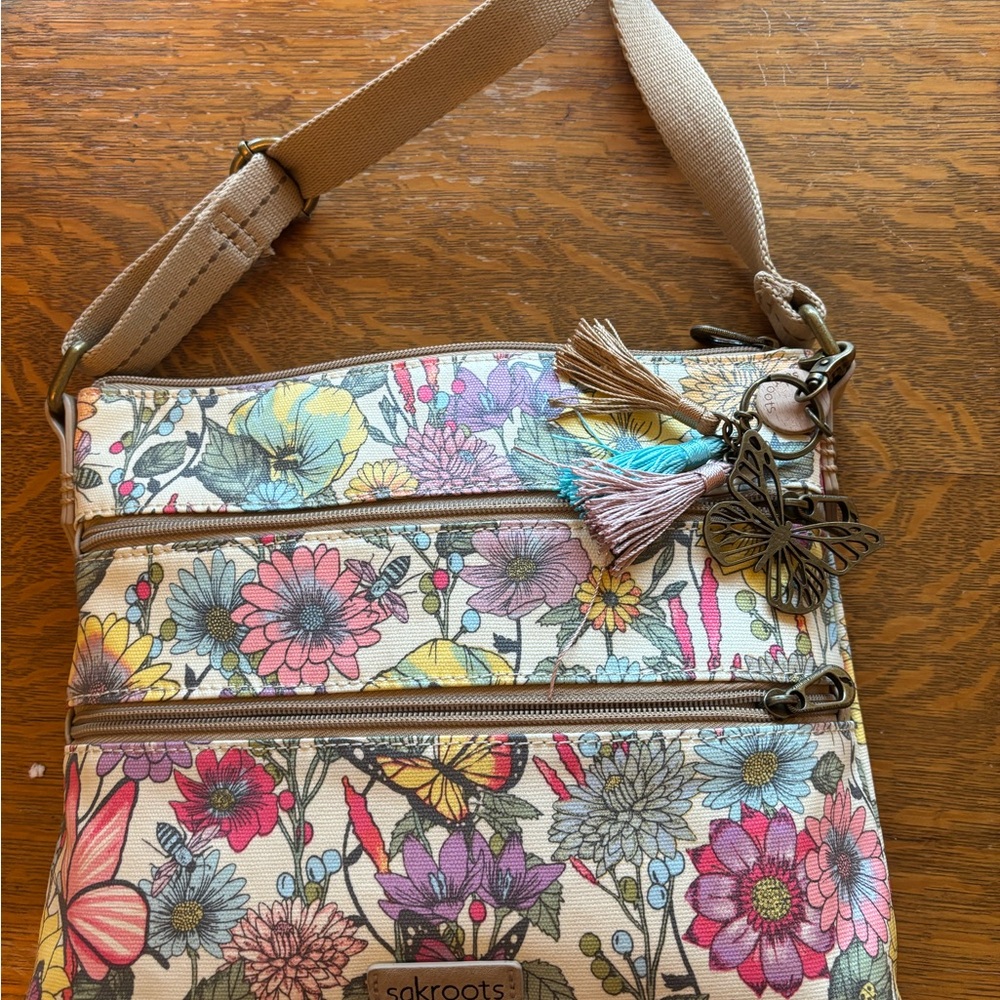 Sakroots Pink and Blue Crossbody Bag with Floral Design